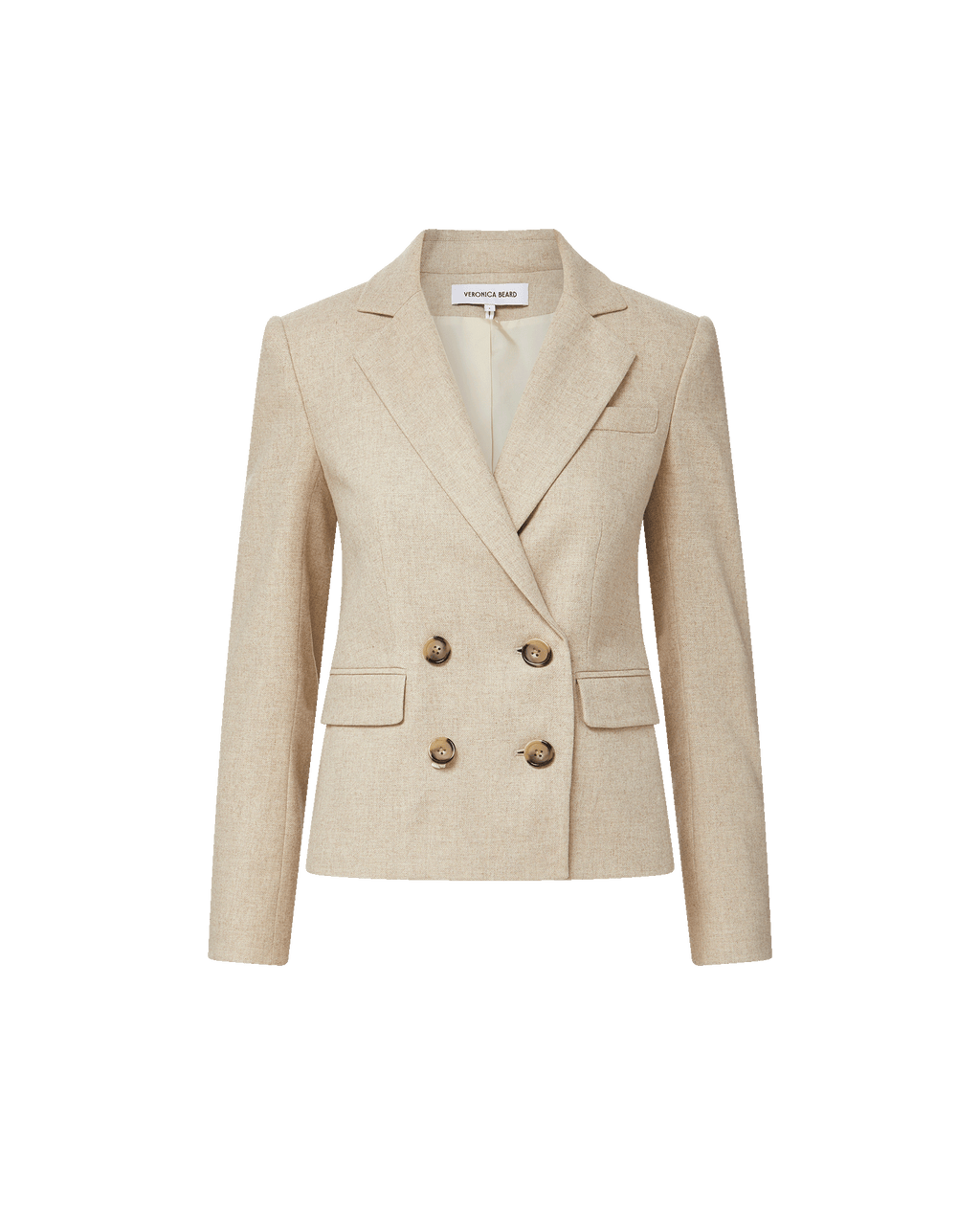 Veronica Beard Beige linen double-breasted blazer with four buttons.