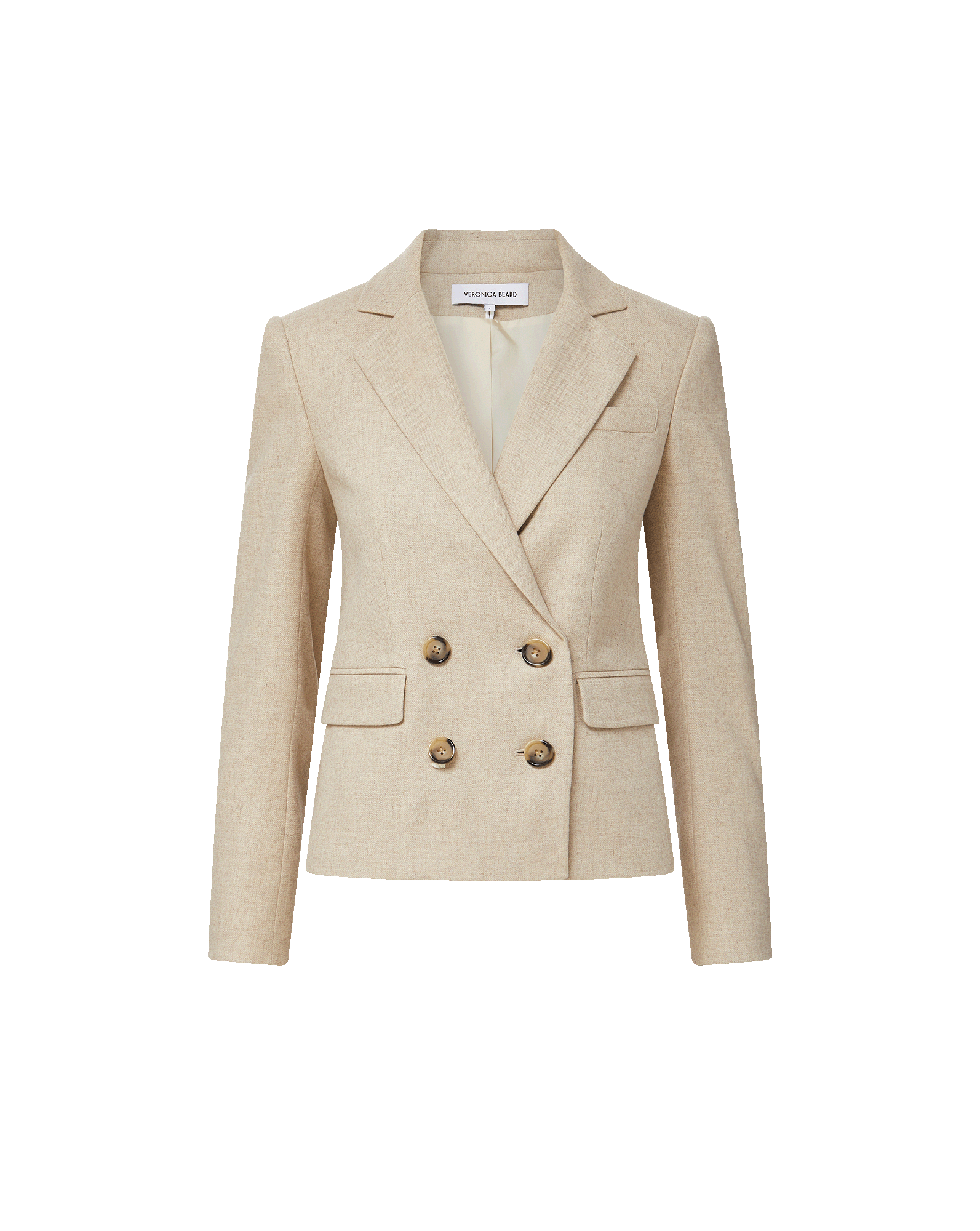 Veronica Beard Beige linen double-breasted blazer with four buttons.