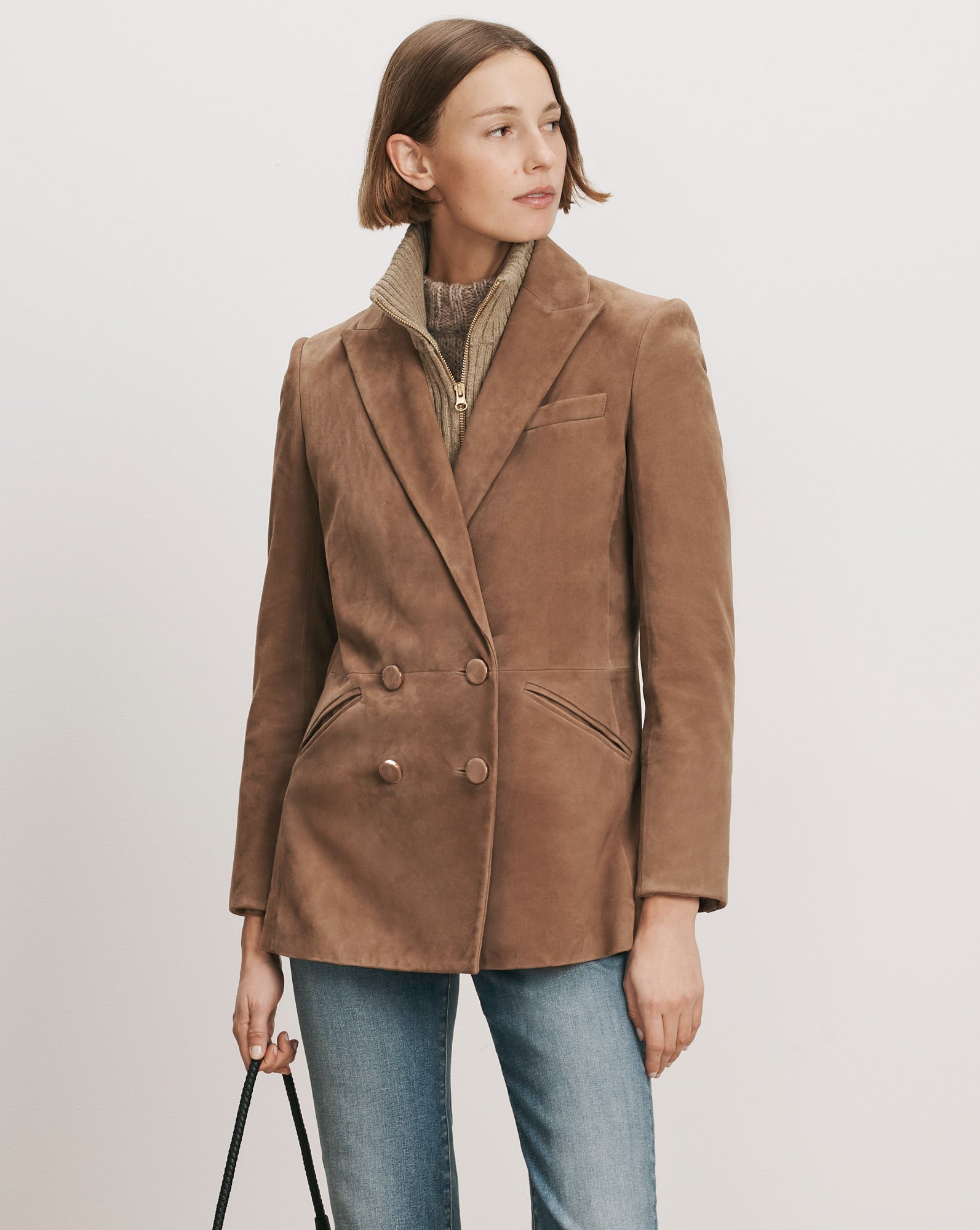 Veronica Beard Brown suede double-breasted blazer with notched lapels.
