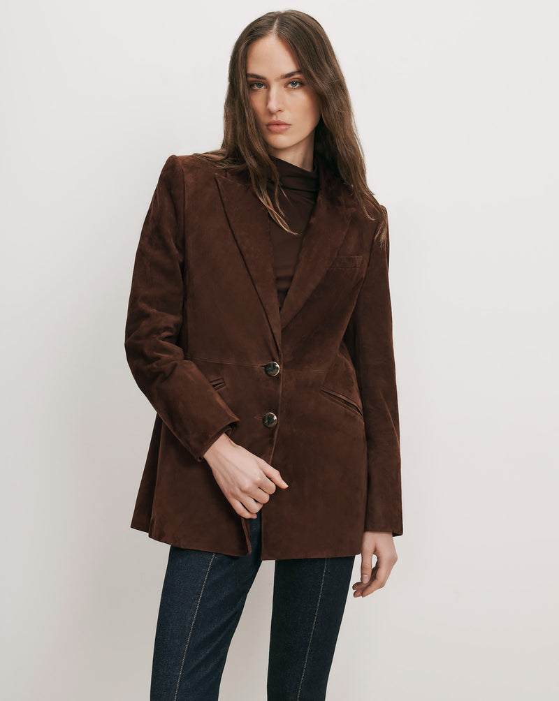 Veronica Beard Brown suede blazer with two buttons.