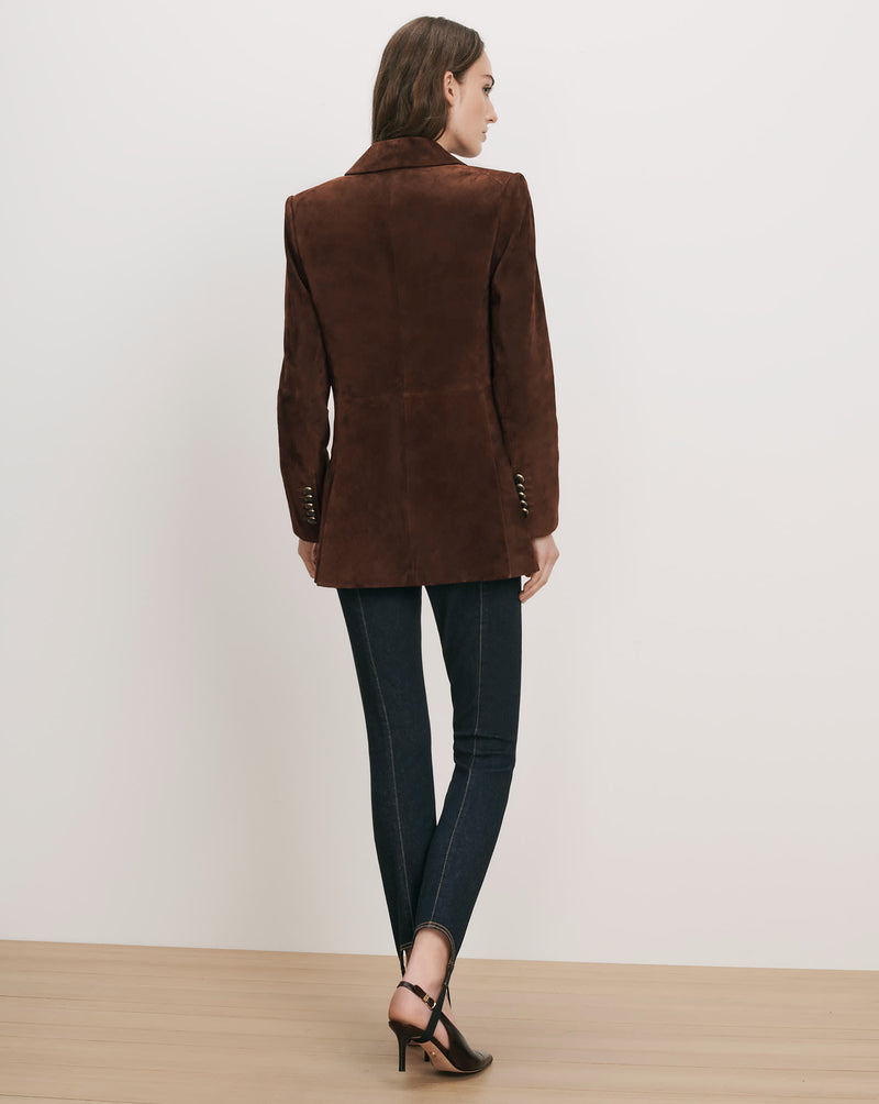 Veronica Beard Brown suede blazer with gold buttons.