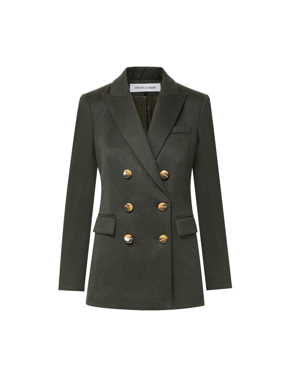 Veronica Beard Dark green wool double-breasted blazer with gold buttons.