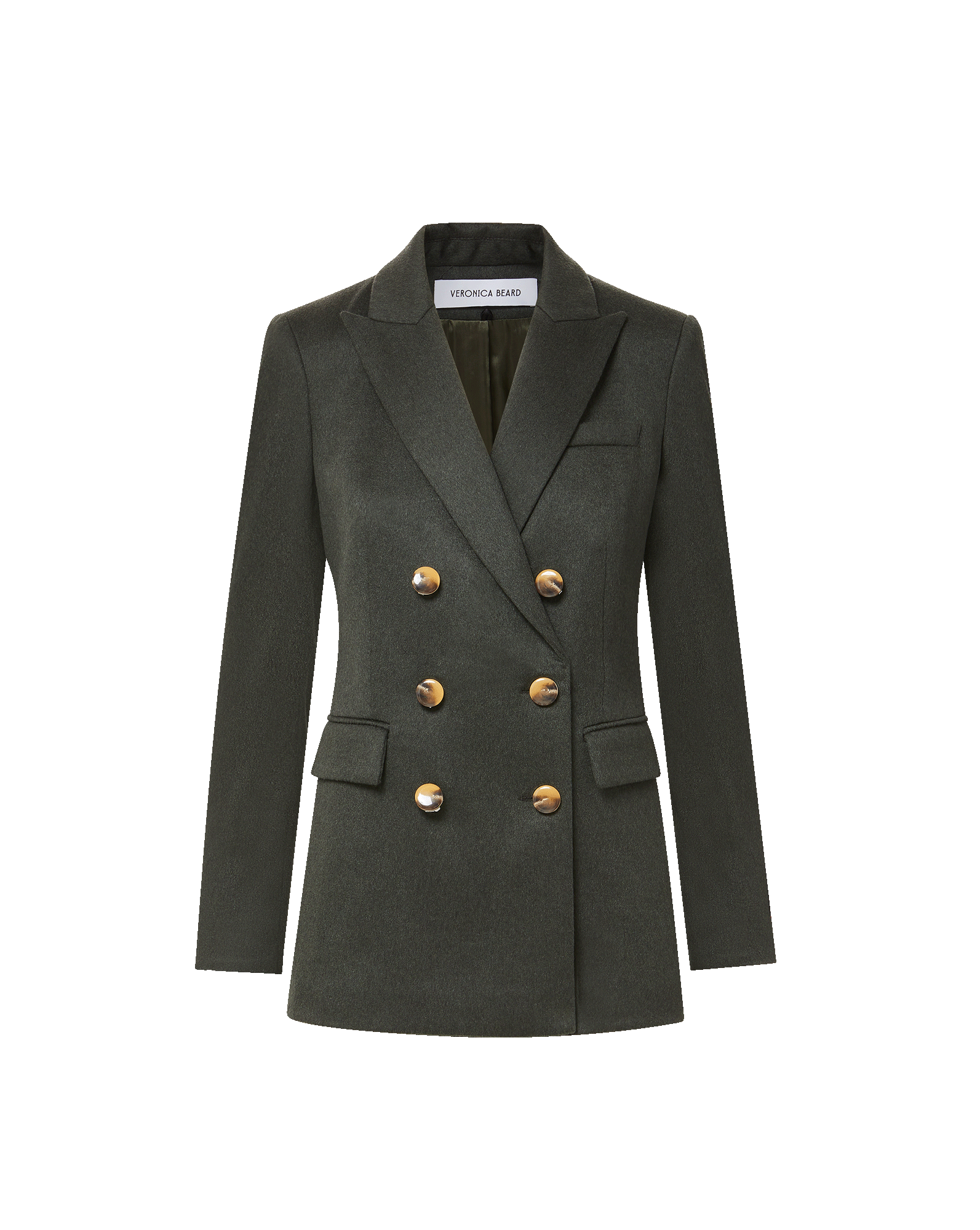 Veronica Beard Dark green wool double-breasted blazer with gold buttons.