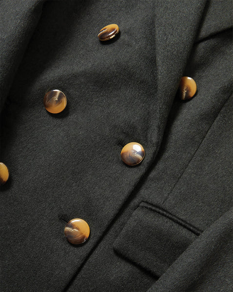 Veronica Beard Black wool double-breasted blazer with brown horn buttons.