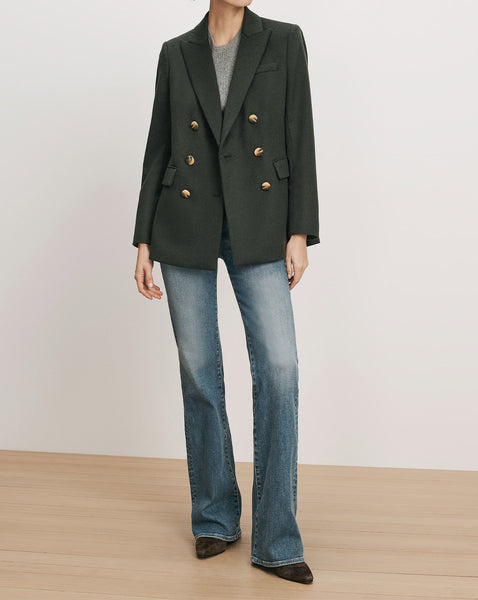 Veronica Beard Dark green double-breasted blazer with gold buttons.