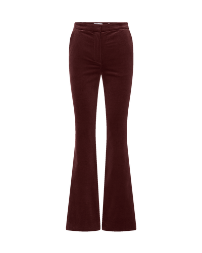 Veronica Beard Burgundy velvet flared trousers with a high waist.