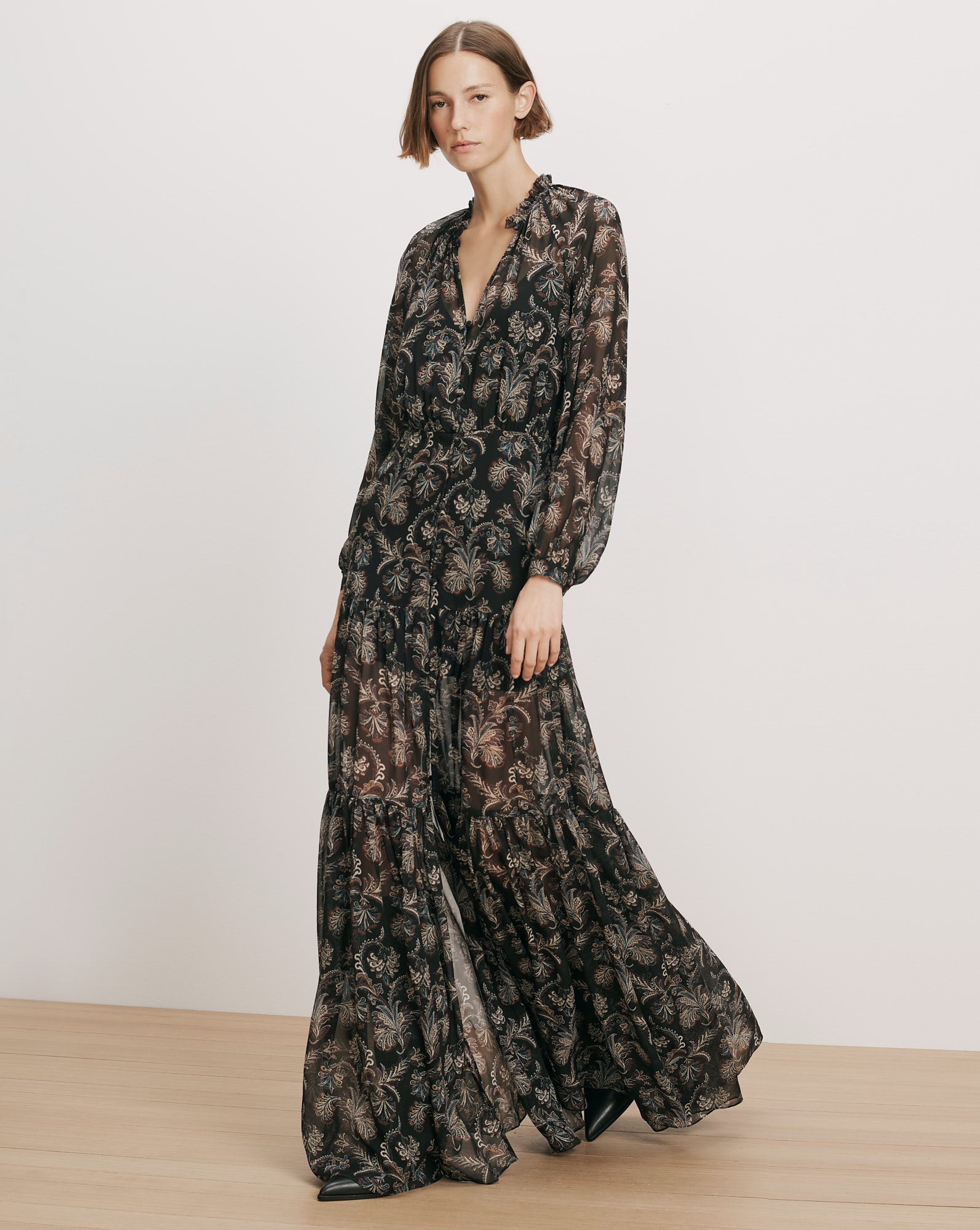Veronica Beard Black floral maxi dress, sheer, tiered, long sleeves.