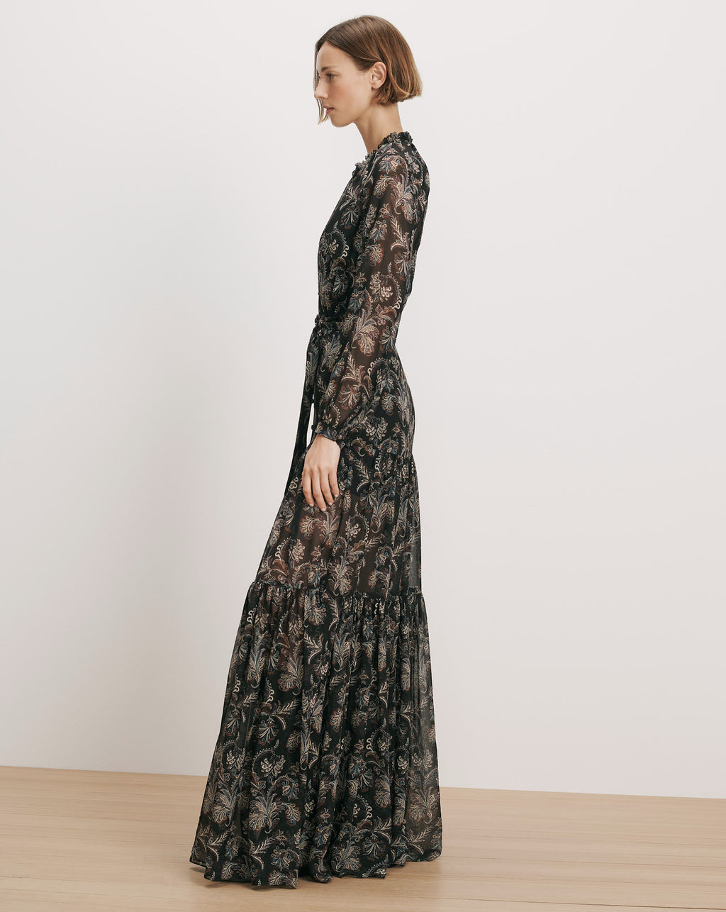 Veronica Beard Black floral maxi dress with long sleeves.