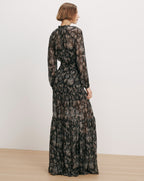 Veronica Beard Black floral print tiered maxi dress with long sleeves.