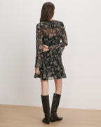 Veronica Beard Black floral chiffon mini dress with long sleeves.