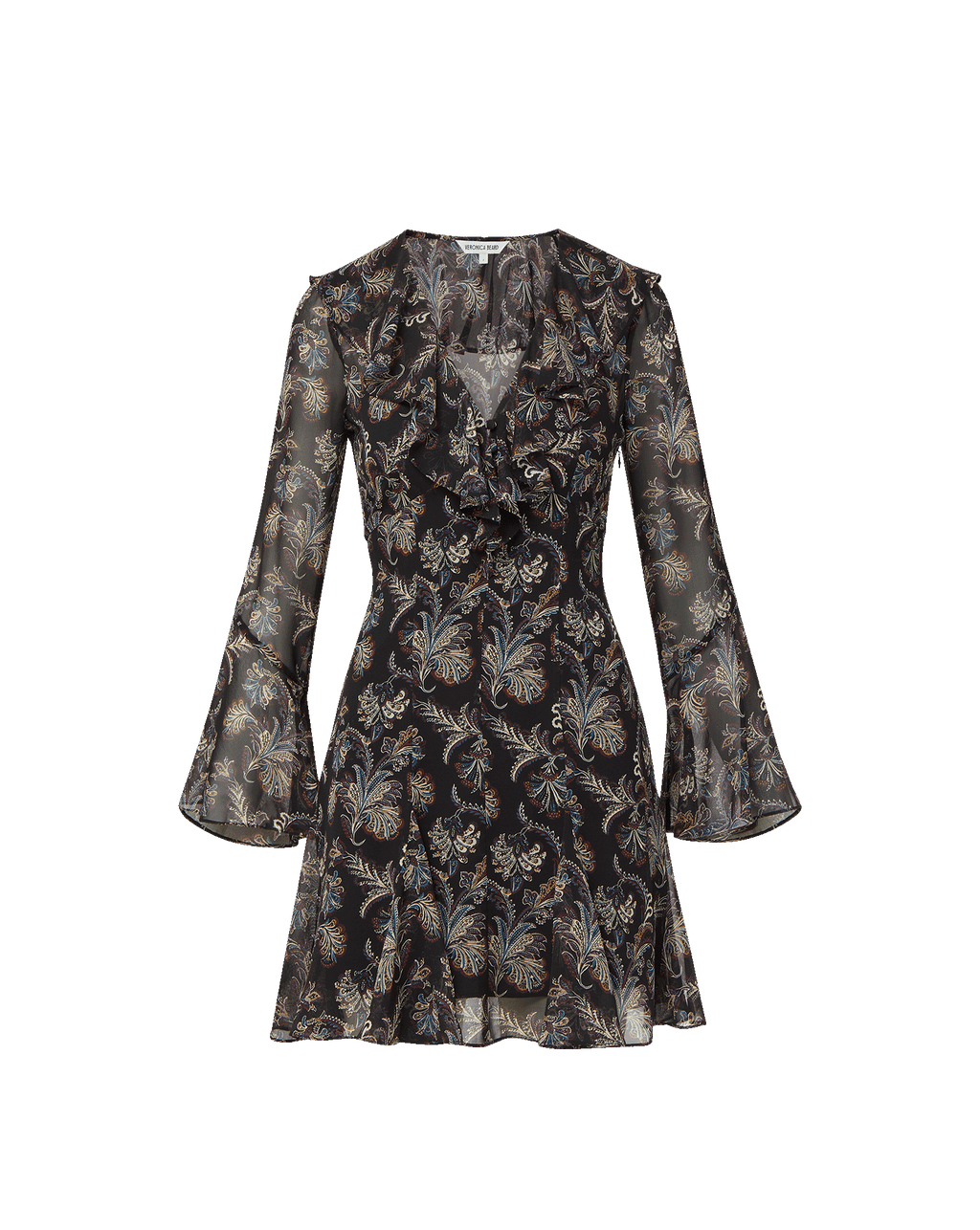 Veronica Beard Black floral mini dress with ruffles and bell sleeves.