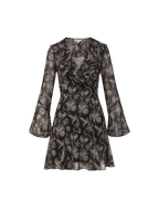 Veronica Beard Black floral mini dress with ruffles and bell sleeves.