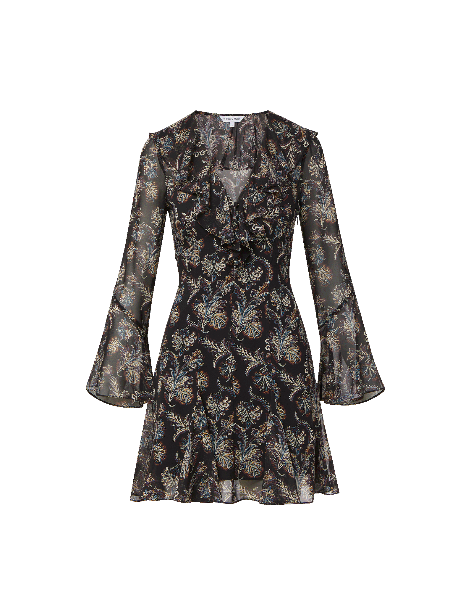 Veronica Beard Black floral mini dress with ruffles and bell sleeves.