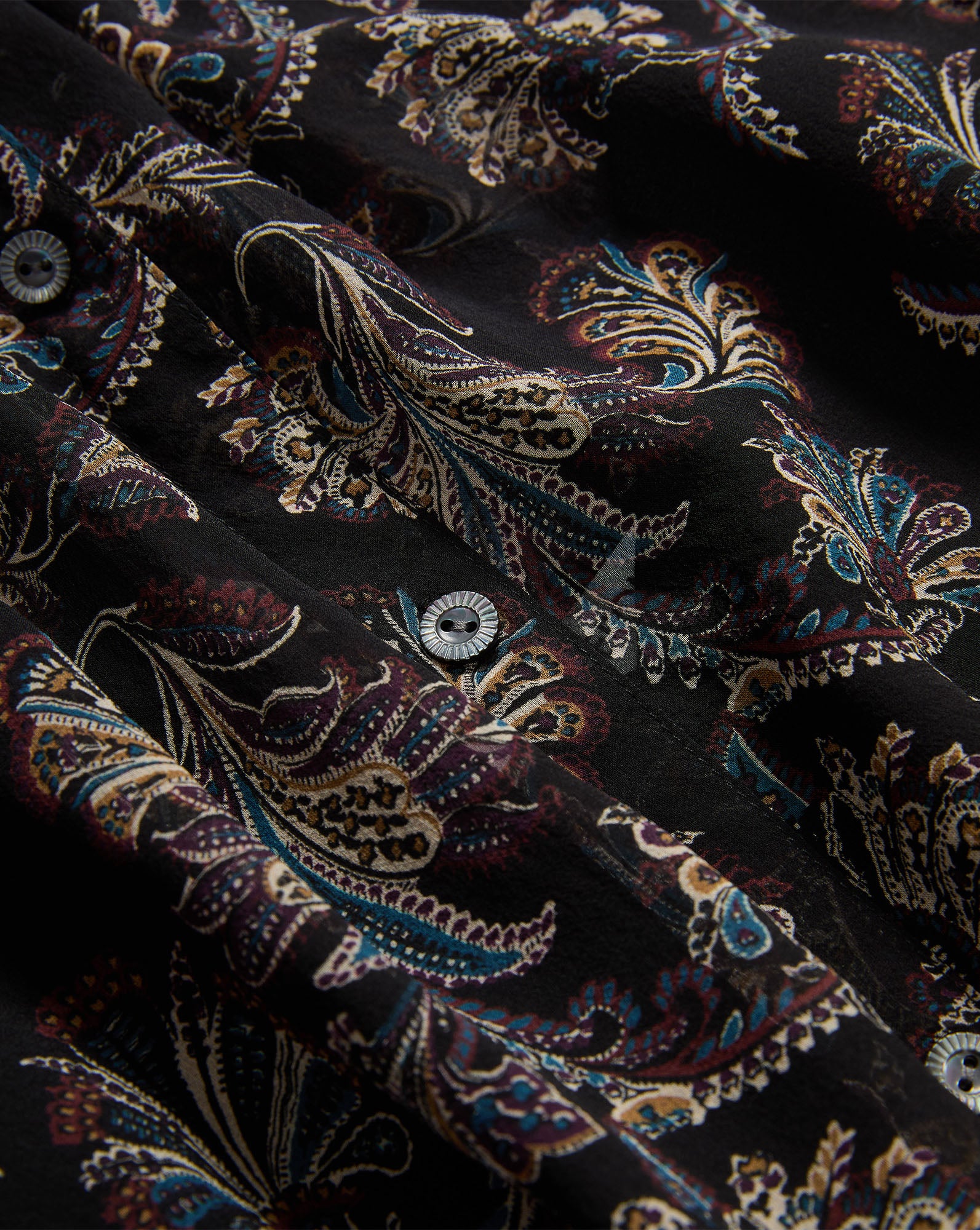 Veronica Beard Black paisley print button-down shirt in lightweight fabric.