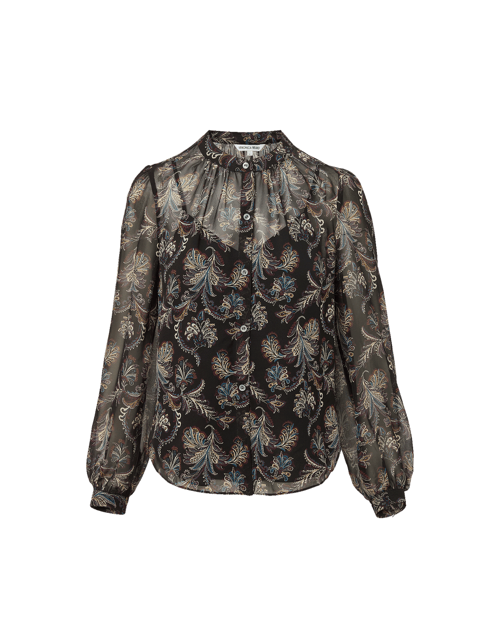 Veronica Beard Black paisley print sheer long sleeve button-down blouse.