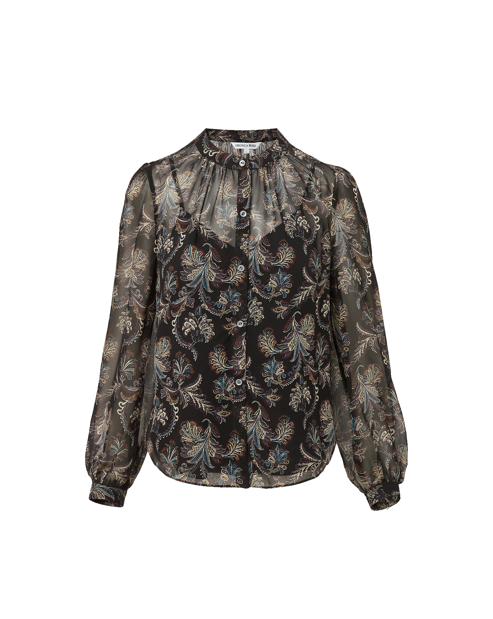 Veronica Beard Black paisley print sheer long sleeve button-down blouse.