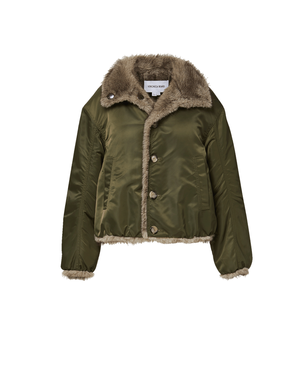 Veronica Beard Olive green bomber jacket with faux fur trim.