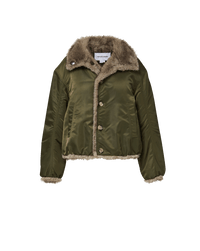 Veronica Beard Olive green bomber jacket with faux fur trim.