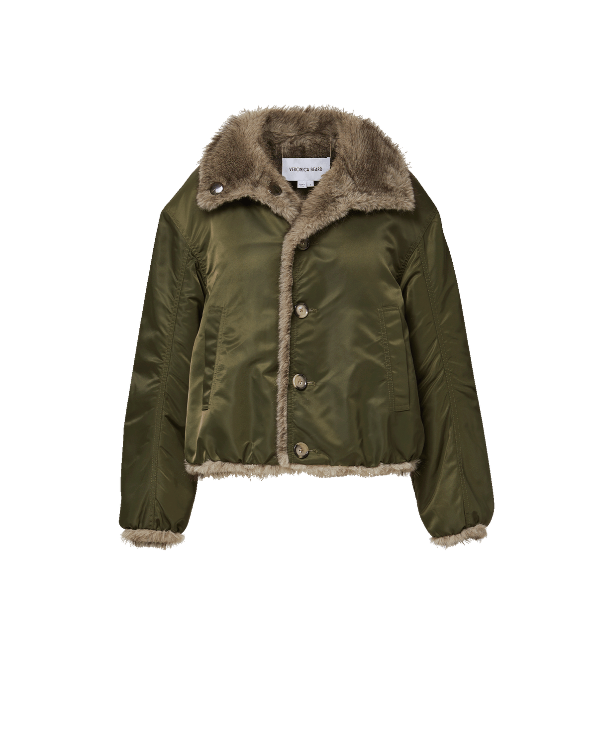 Veronica Beard Olive green bomber jacket with faux fur trim.