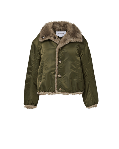 Veronica Beard Olive green bomber jacket with faux fur trim.