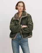 Veronica Beard Olive green bomber jacket with faux fur trim.