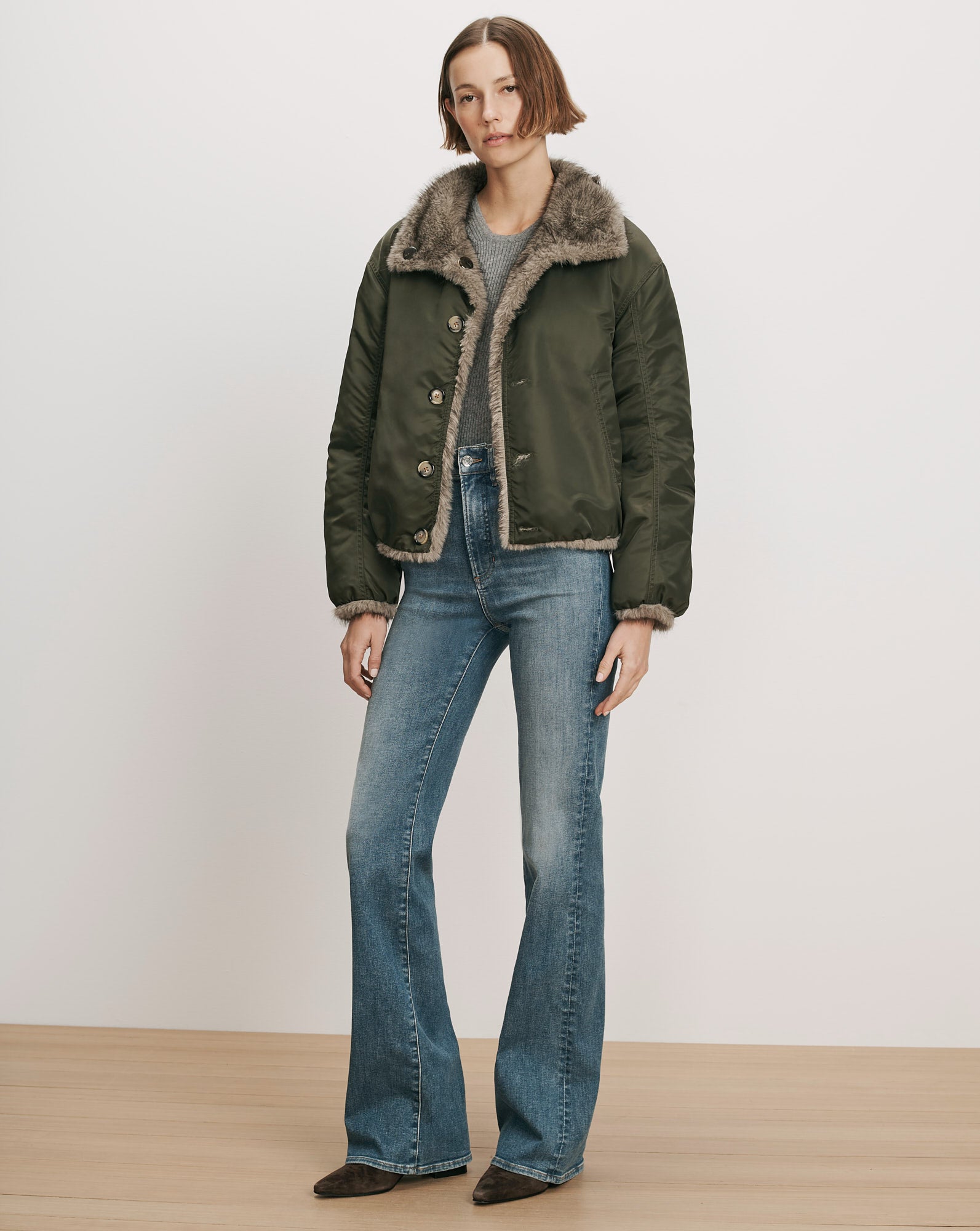 Veronica Beard Olive green bomber jacket with faux fur trim.