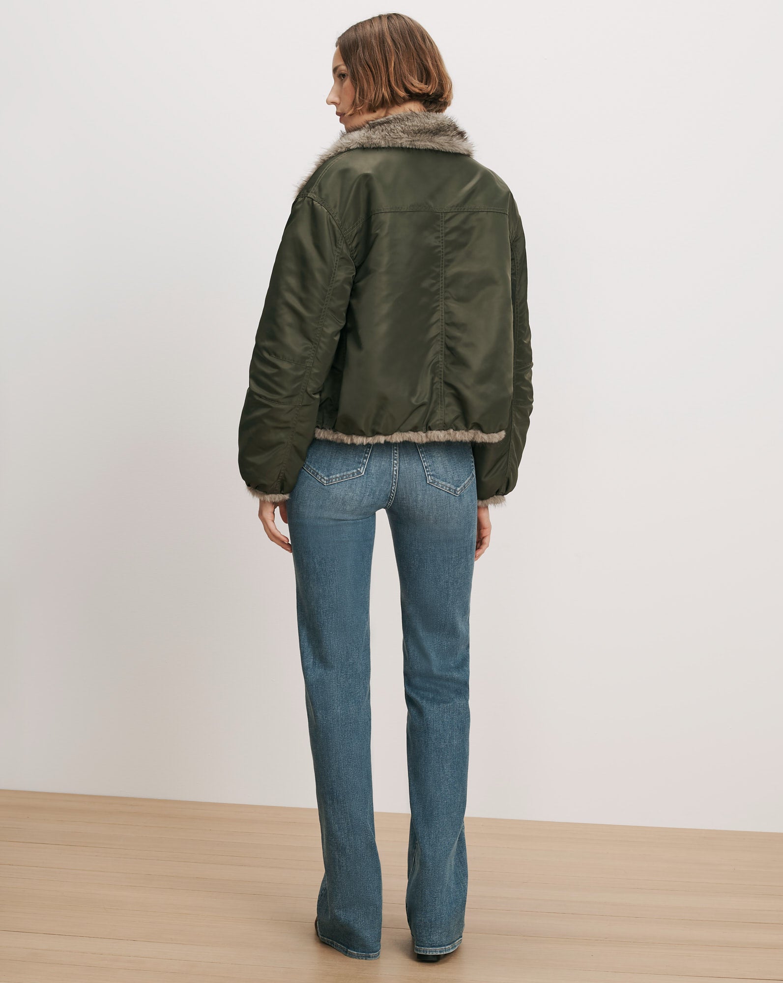 Veronica Beard Olive green bomber jacket with faux fur collar