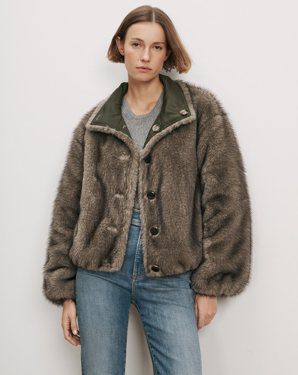 Veronica Beard Brown faux fur jacket with green collar
