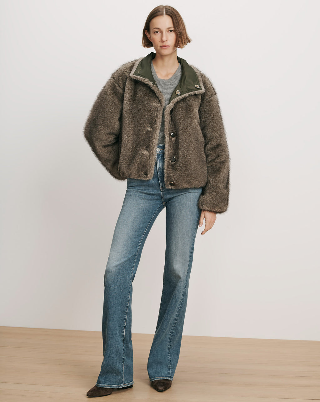 Veronica Beard Brown faux fur jacket with olive green collar.