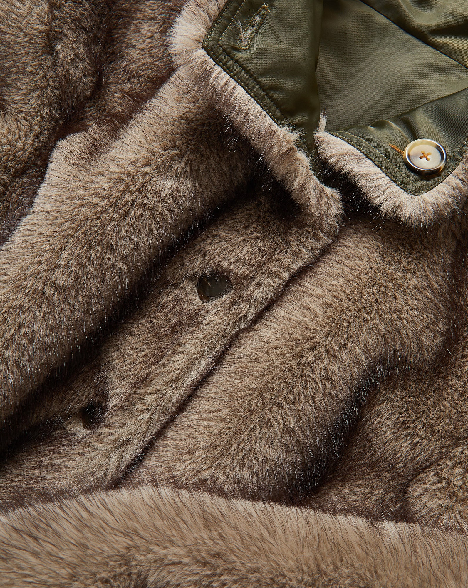 Veronica Beard Brown faux fur coat with olive green collar.