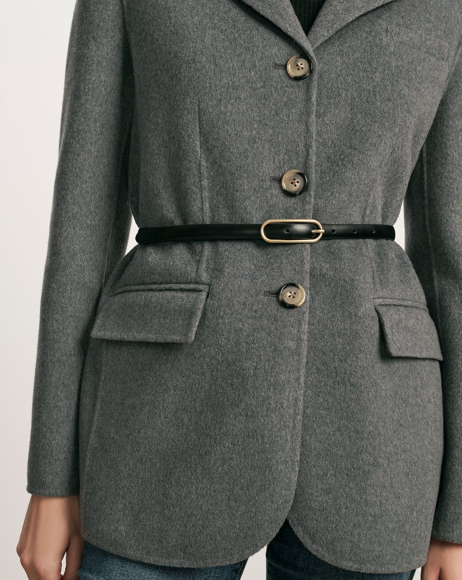 Veronica Beard Gray wool blazer with black belt.