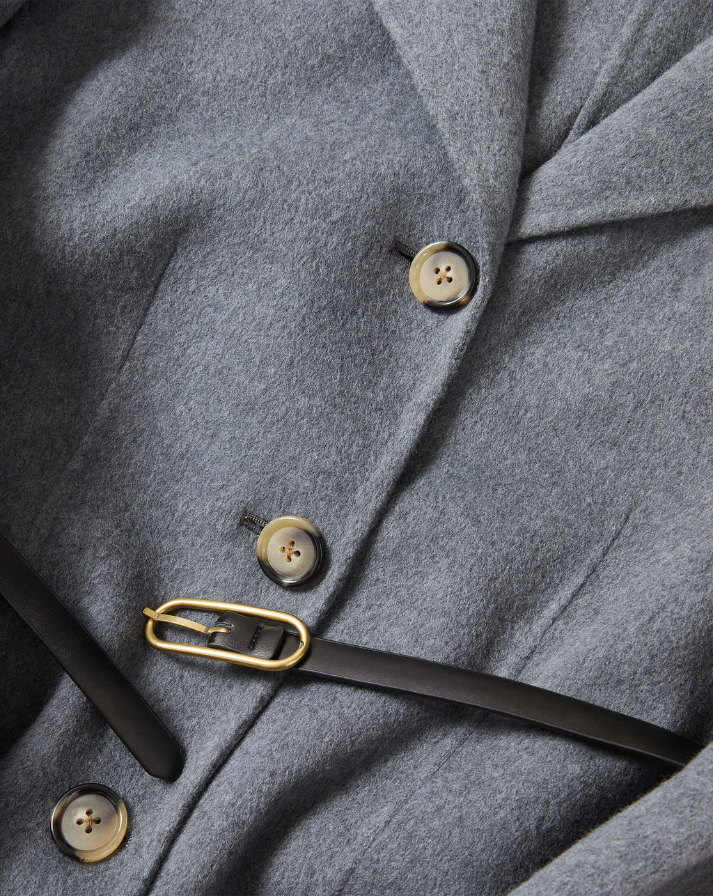 Veronica Beard Gray wool coat with black belt and buttons.