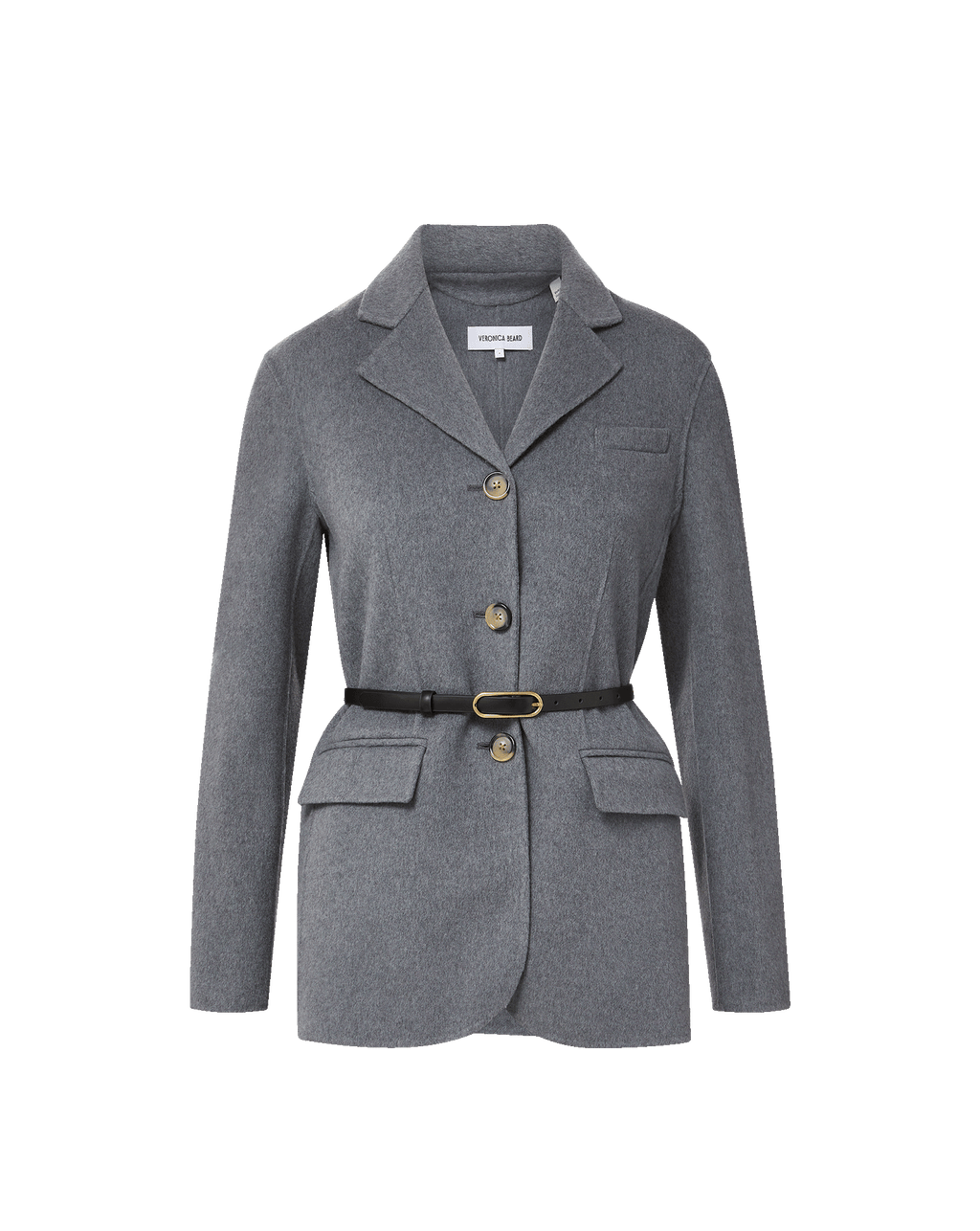 Veronica Beard Gray wool blazer with black belt.