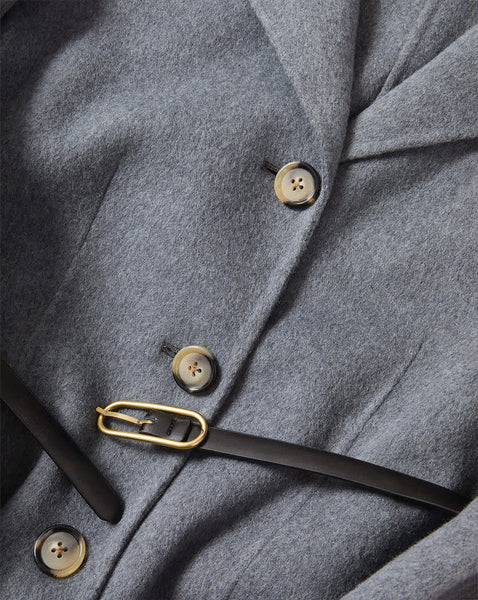 Veronica Beard Grey wool blazer with buttons and black belt.