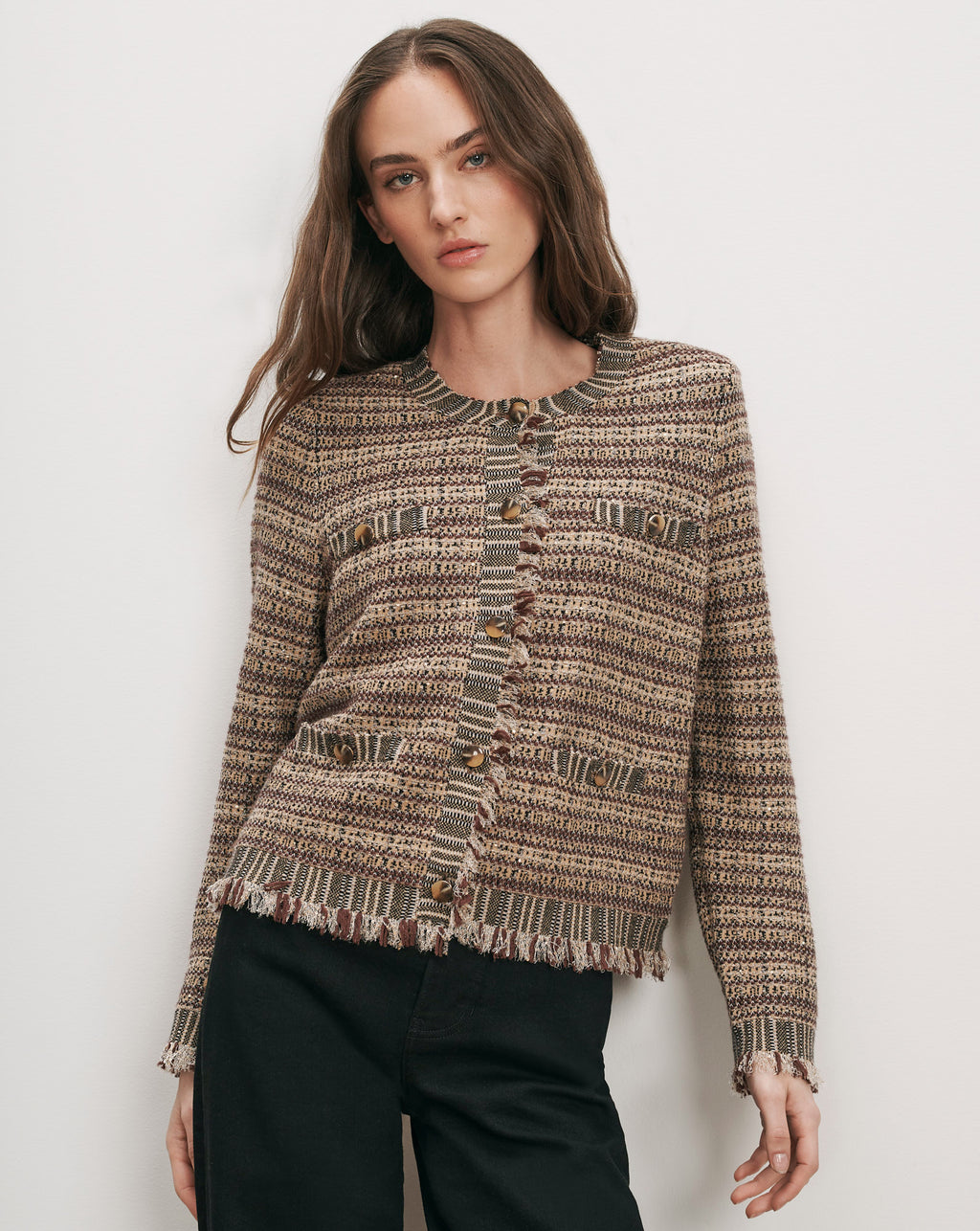 Veronica Beard Brown tweed cardigan with gold buttons