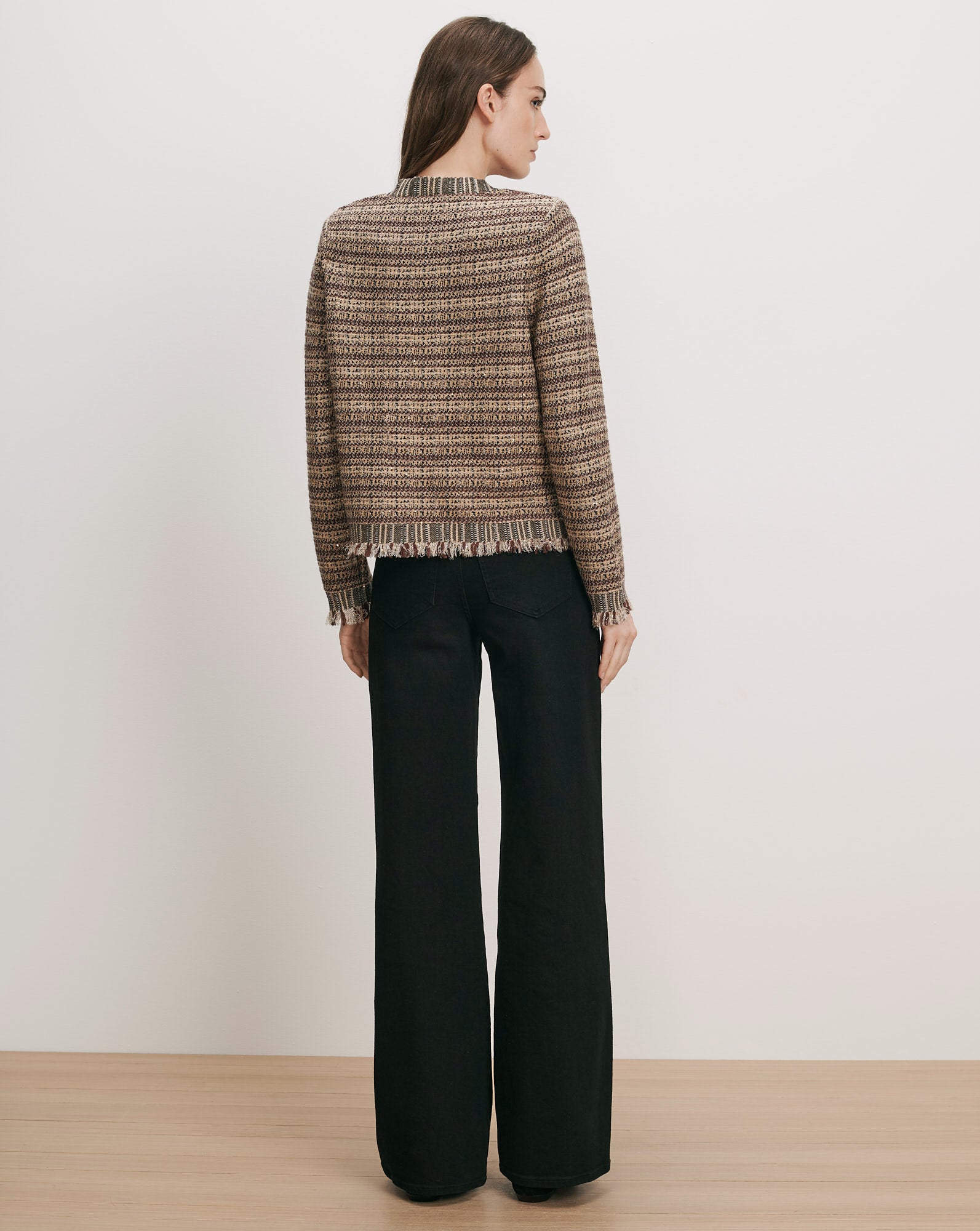Veronica Beard Brown tweed jacket with fringe trim.