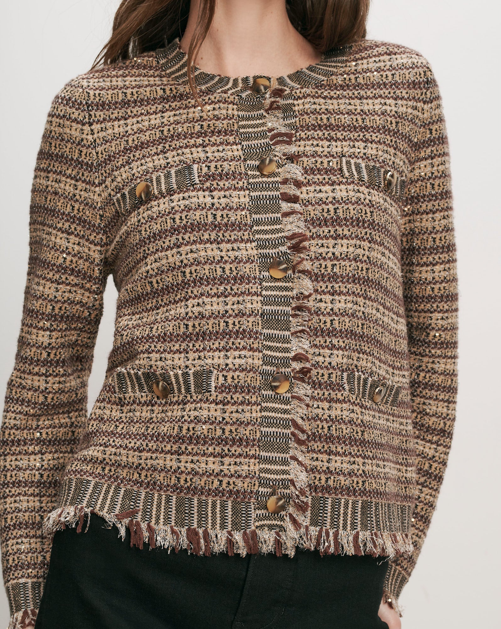 Veronica Beard Brown tweed cardigan with fringe trim and buttons.