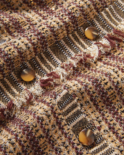 Veronica Beard Brown and beige plaid tweed jacket with buttons.