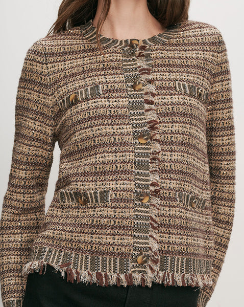 Veronica Beard Brown tweed jacket with fringe and buttons.