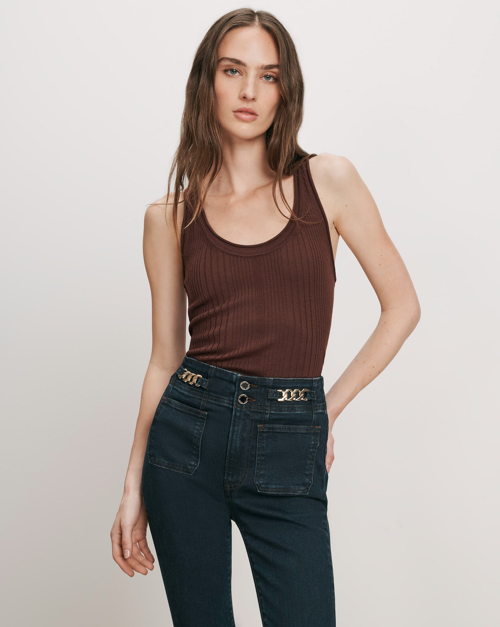 Veronica Beard Brown ribbed tank top and dark wash jeans