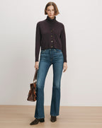 Veronica Beard Purple cardigan and turtleneck, blue flare jeans