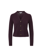 Veronica Beard Plum knit V-neck cardigan with four buttons.