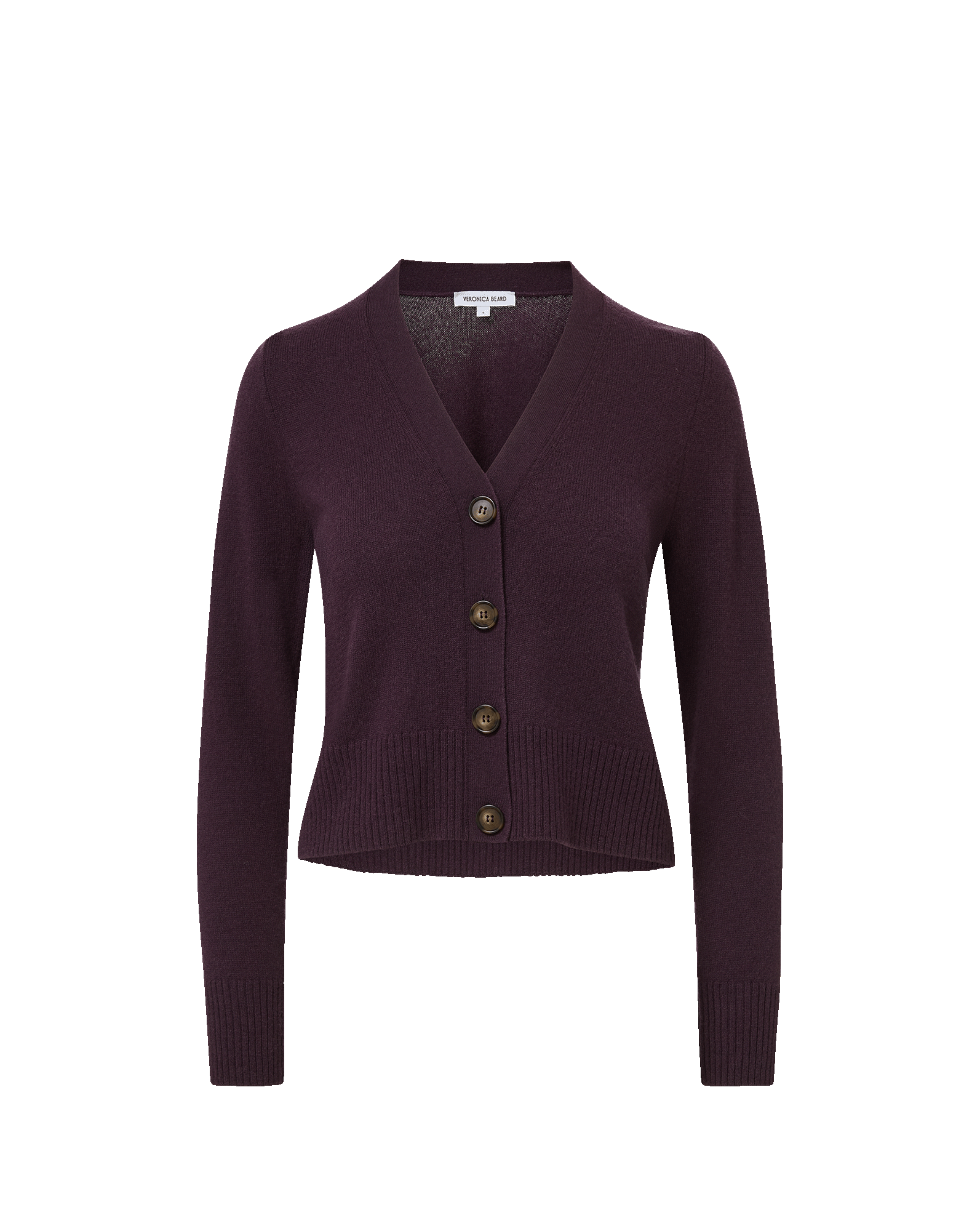 Veronica Beard Plum knit V-neck cardigan with four buttons.