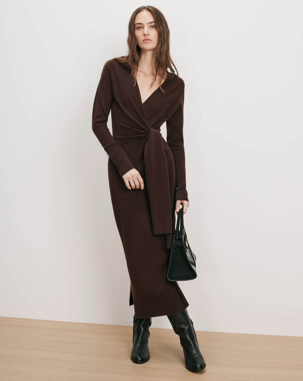 Veronica Beard Brown knit wrap dress with tie waist.