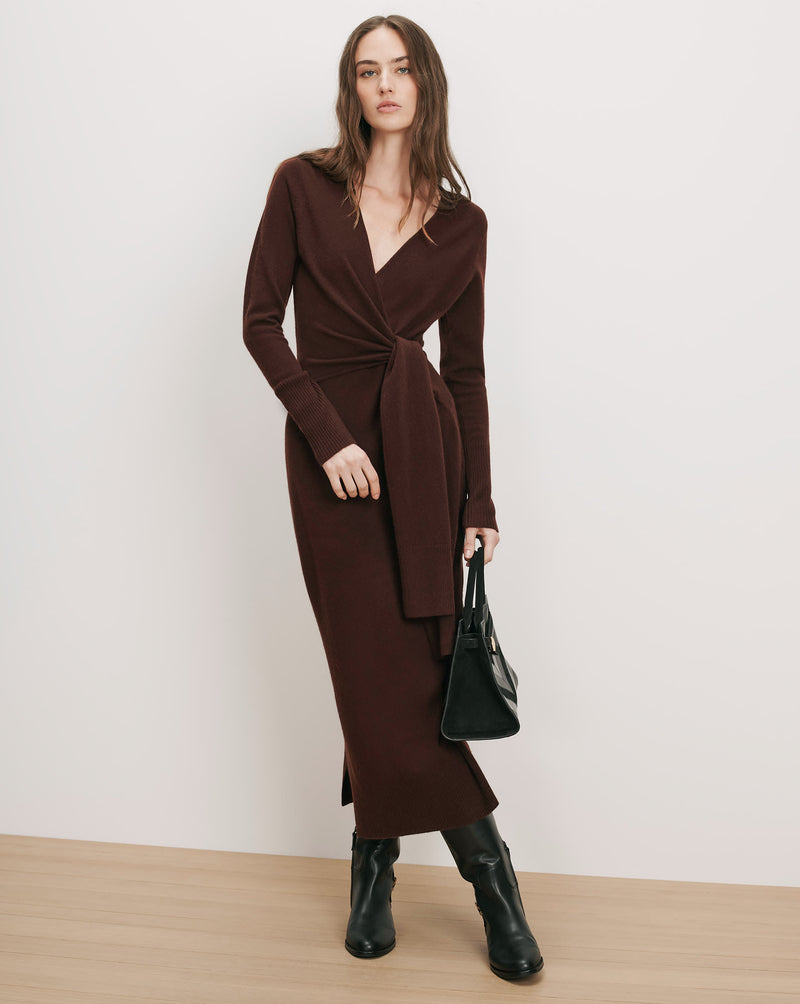 Veronica Beard Brown knit wrap dress with tie waist.