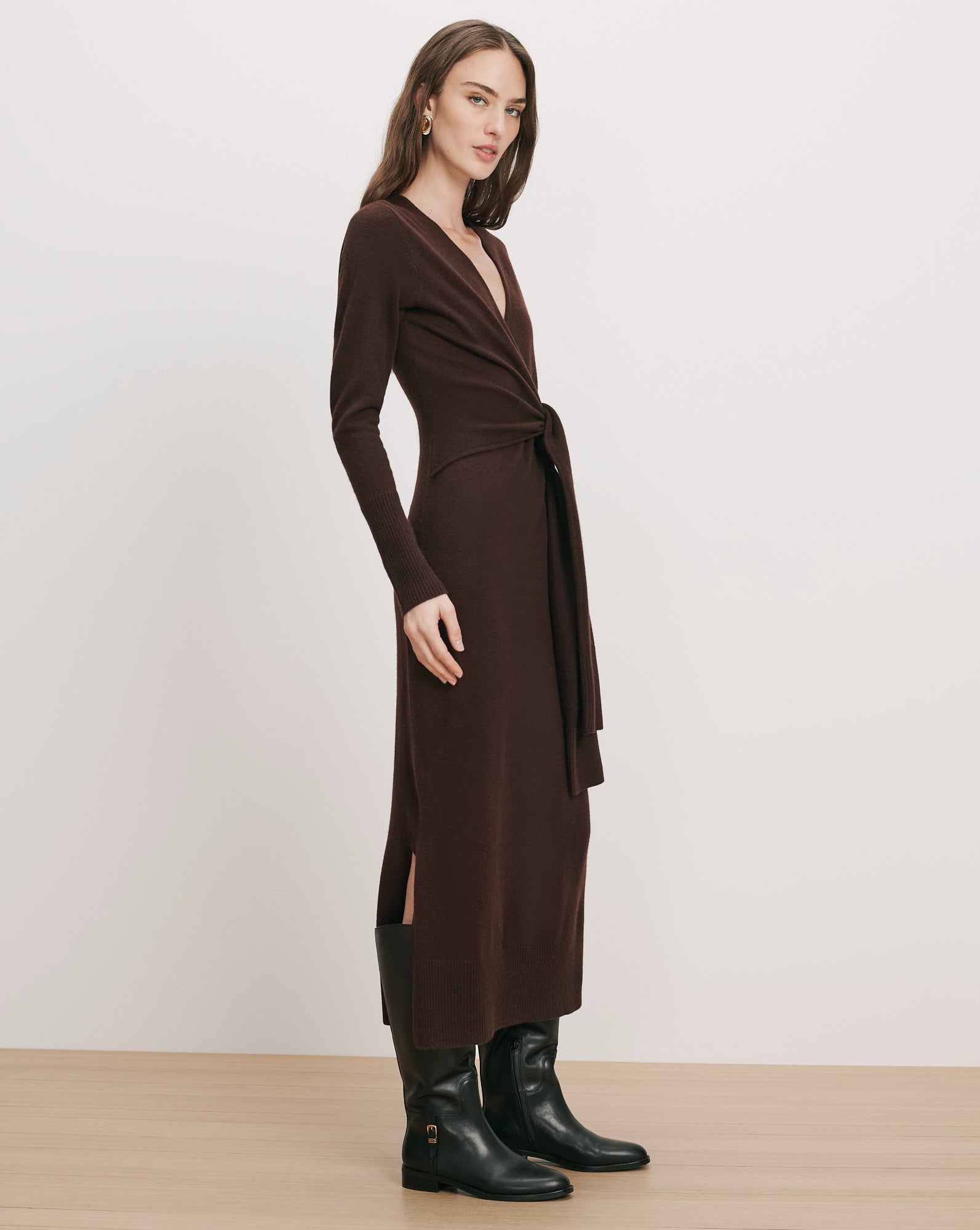 Veronica Beard Brown knit wrap dress with tie waist.