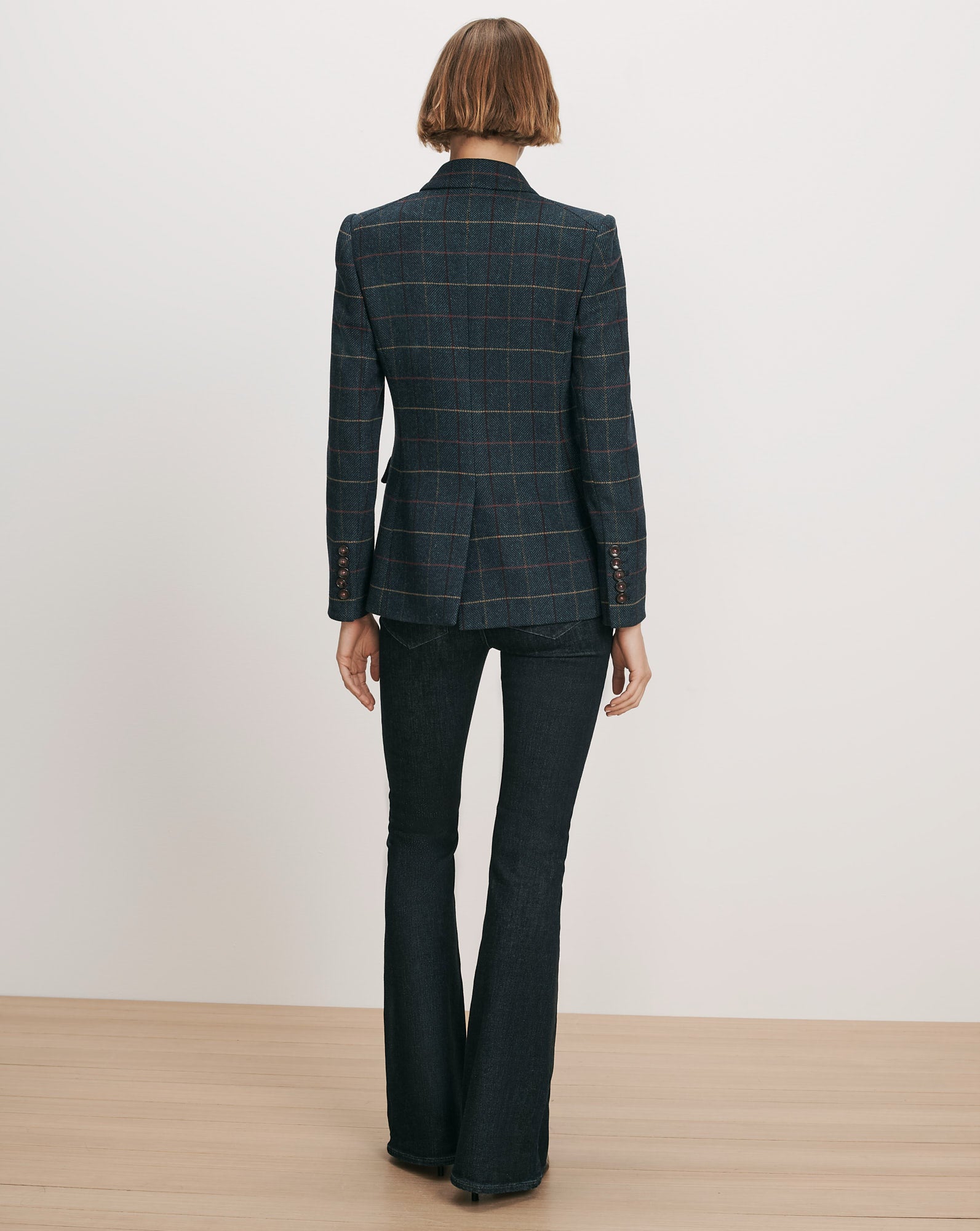 Veronica Beard Navy plaid tweed blazer with gold buttons.