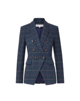 Veronica Beard Blue plaid double-breasted wool blazer.