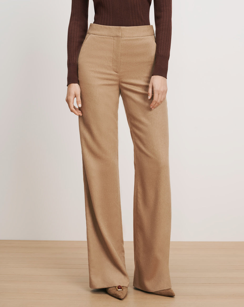 Veronica Beard Tan wide-leg trousers with a flat front.
