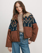 Veronica Beard Brown and blue patterned fleece bomber jacket.